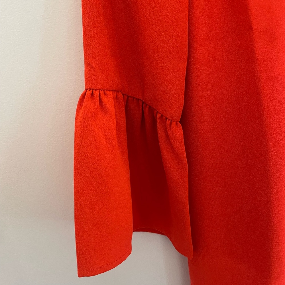 New J Crew Women’s Crepe Ruffle Neck Shift Bell Sleeve  Orangish Red, Size 00 - Picture 8 of 9